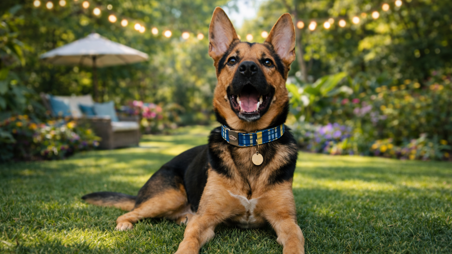 German Shepherd dog sitting on grass with a garden background